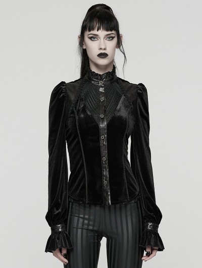 Punk Rave Black Retro Gothic Velvet Shirt for Women