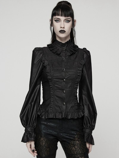 Punk Rave Black Retro Gothic Puff Sleeve Ruffled Shirt for Women