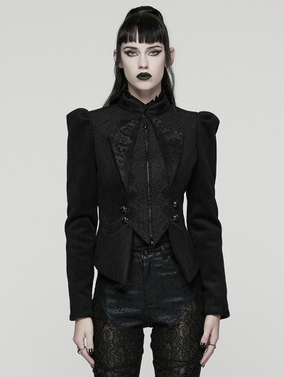 Punk Rave Black Retro Gothic Embroidered Short Woolen Coat for Women