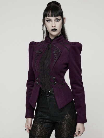 Punk Rave Violet Retro Gothic Embroidered Short Woolen Coat for Women