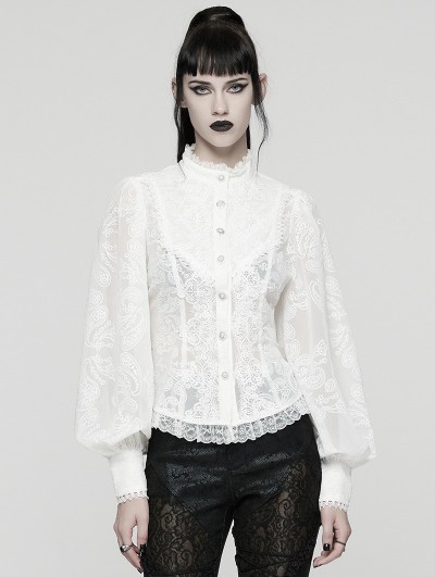 Punk Rave White Retro Gothic Lace Embroidered Chiffon Shirt for Women
