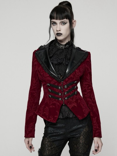 Punk Rave Red and Black Gothic Vintage Print Velvet Coat for Women