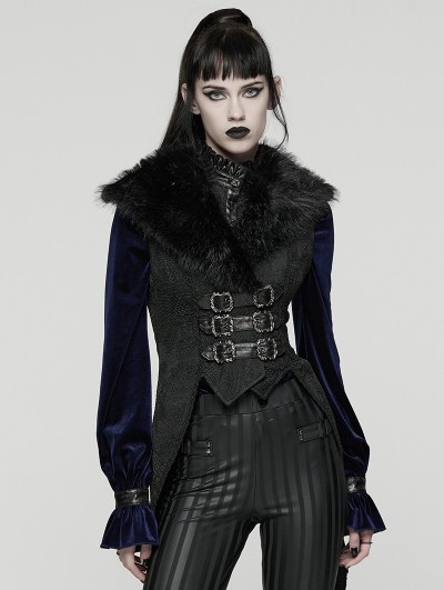 Punk Rave Black Gothic Plush Lapel Swallowtail Vest for Women