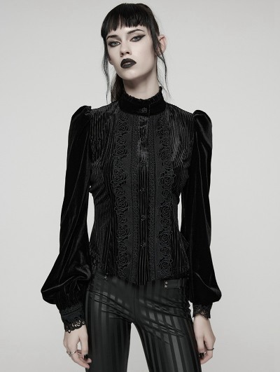 Punk Rave Black Daily Gothic Striped Velvet Shirt for Women