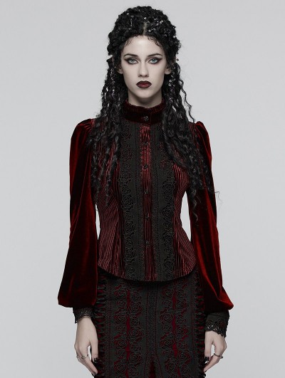 Punk Rave Red Daily Gothic Striped Velvet Shirt for Women