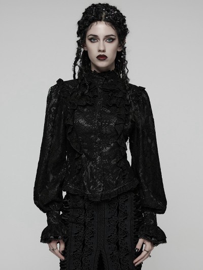 Punk Rave Black Gothic Gorgeous Layered Ruffle Lace Shirt for Women