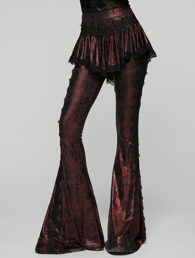 Punk Rave Red and Black Gothic Lace Trim Flared Skirt Pants for Women