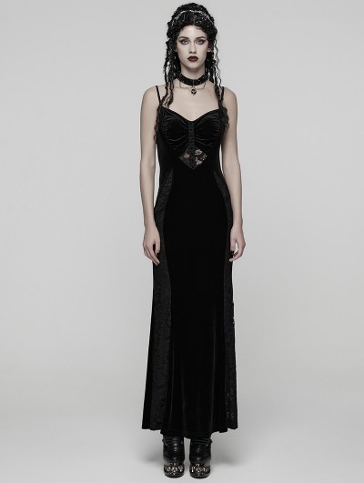 Punk Rave Black Gothic Dark Heart Ruched Velvet Long Slip Dress