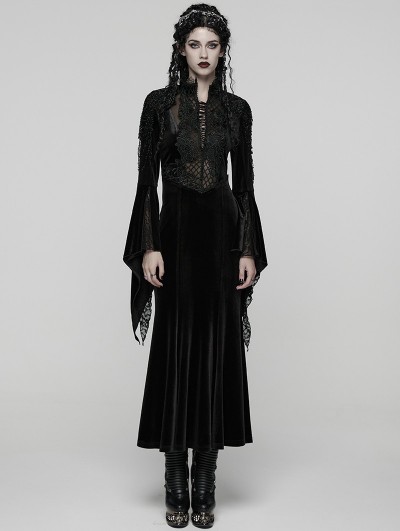 Punk Rave Black Retro Sexy Gothic Velvet Flared Sleeve Fishtail Long Dress
