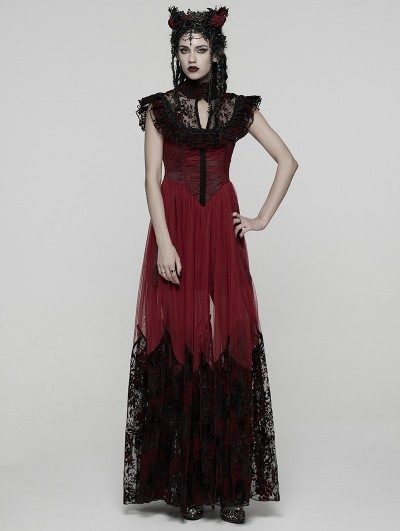Punk Rave Red and Black Gothic Flocking Mesh Spliced Flutter Sleeve Long Party  Dress - DarkinCloset.com