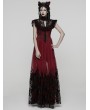 Punk Rave Red and Black Gothic Flocking Mesh Spliced Flutter Sleeve Long Party Dress