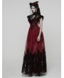 Punk Rave Red and Black Gothic Flocking Mesh Spliced Flutter Sleeve Long Party Dress