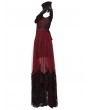 Punk Rave Red and Black Gothic Flocking Mesh Spliced Flutter Sleeve Long Party Dress