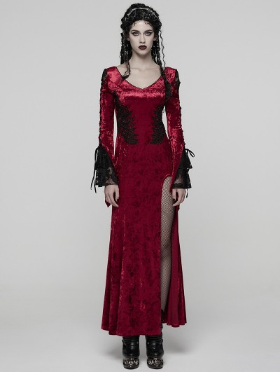Punk Rave Red Gorgeous Gothic Velvet High Slit Fishtail Dress