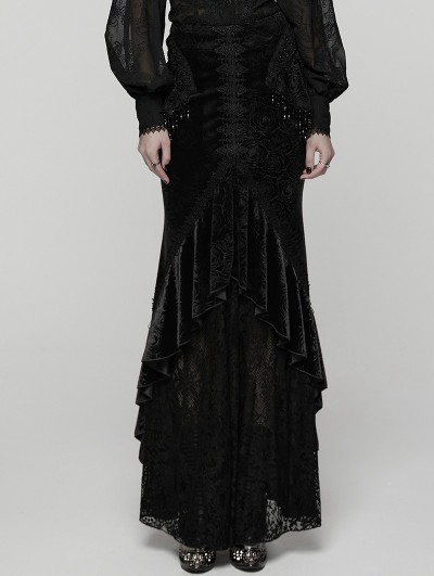 Punk Rave Black Gothic Gorgeous Velvet Beaded Tassel Fishtail Maxi Skirt