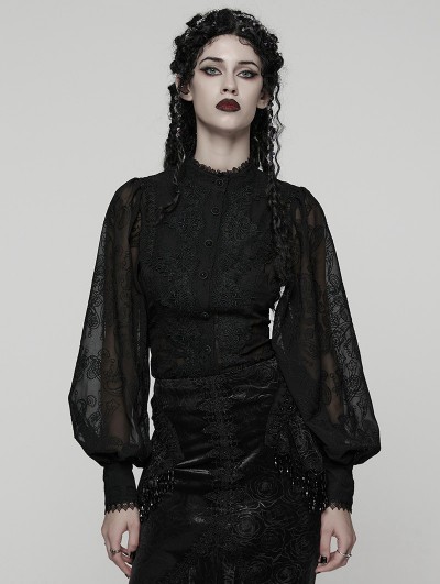 Punk Rave Black Retro Gothic Lace Embroidered Chiffon Shirt for Women