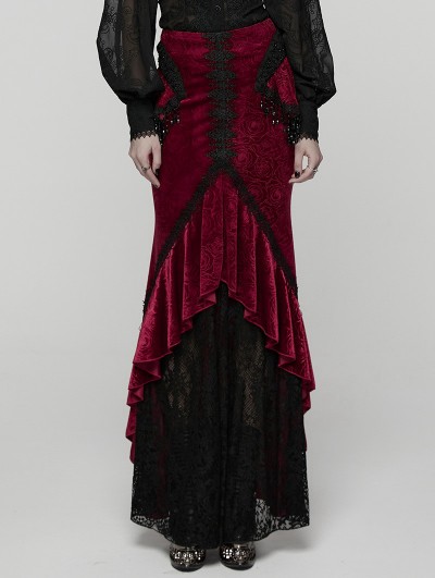 Punk Rave Red and Black Gothic Gorgeous Velvet Beaded Tassel Fishtail Maxi Skirt