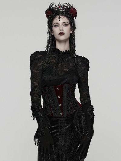 Punk Rave Black and Red Gothic Rose Lace Applique Velvet Corset Waistband