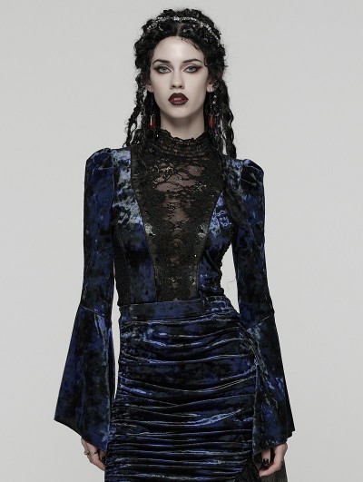 Punk Rave Black and Blue Sexy Gothic Gorgeous Velvet Lace Shirt for Women