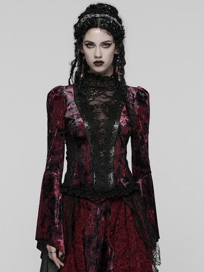 Punk Rave Red and Black Sexy Gothic Gorgeous Velvet Lace Shirt for Women