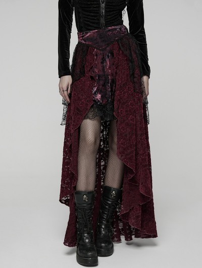 Punk Rave Red and Black Gothic Spider Web Mesh Lace High-Low Skirt