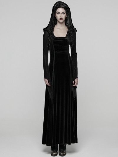 Punk Rave Black Gothic Hooded Ruched Velvet Long Dress