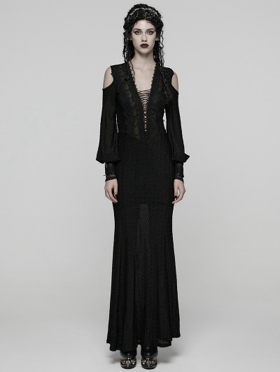 Punk Rave Black Elegant Gothic Sheer Mesh Plunging V-Neck Maxi Dress
