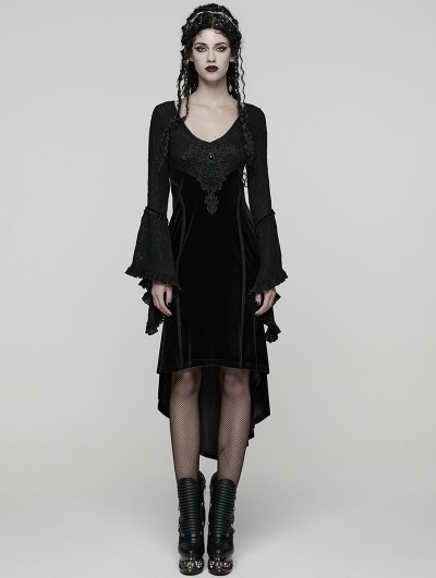Punk Rave Black Gothic Velvet Ruffled Long Sleeve High-Low Dress