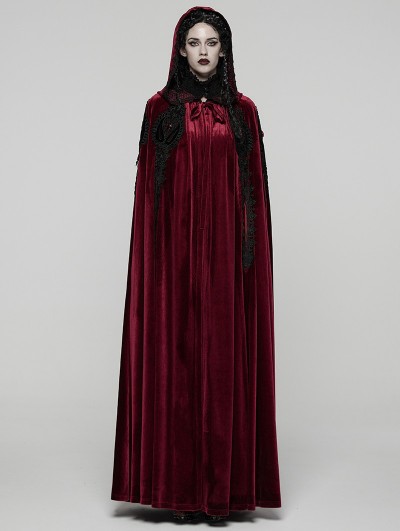 Punk Rave Red Gothic Embroidered Velvet Hooded Long Cloak for Women