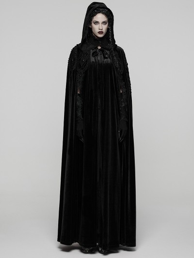Punk Rave Black Gothic Embroidered Velvet Hooded Long Cloak for Women