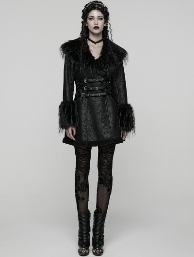 Punk Rave Black Gothic Plush Collar Warm Winter Jacquard Coat for Women