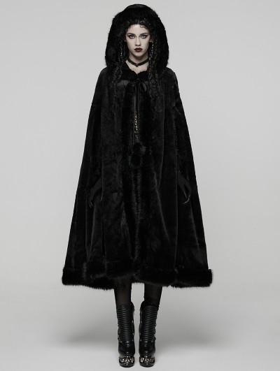 Punk Rave Black Gothic Mid-Length Hooded Fur Warm Winter Cloak for Women