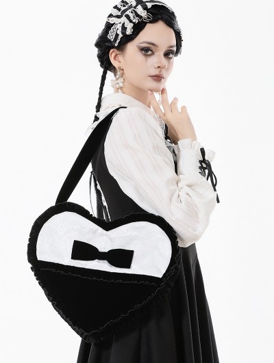 Dark in love Black and White Lolita Gothic Bow Ruffle Heart Bag
