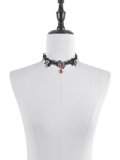 Dark in love Black and Red Retro Gothic Crystal Pendant Lace Choker