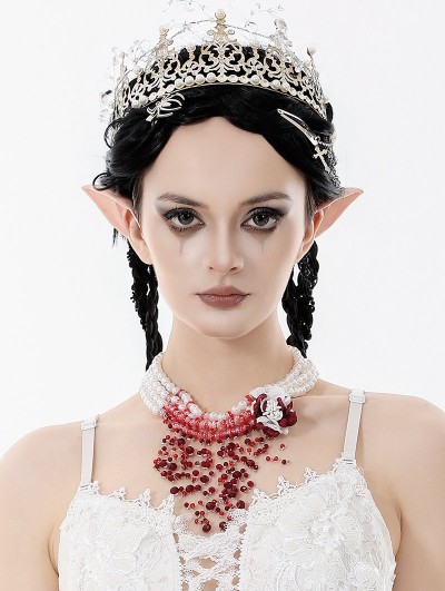 Dark in love White Gothic Layered Blood Red Pearl Floral Necklace