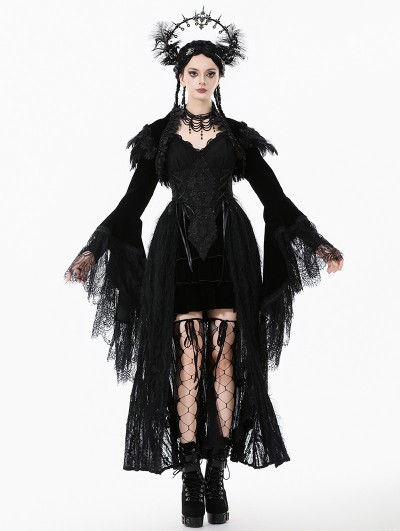 Dark in love Black Noble Gothic Velvet Raven Feather Cape for Women