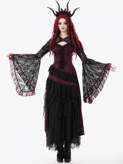 Dark in love Black and Red Retro Gothic Baroque Lace Cape for Women