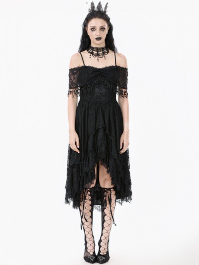 Dark in love Black Gothic Lace Tassel Off-Shoulder High-Low Party Dress