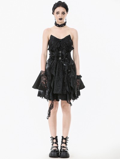 Dark in love Black Gothic Ruffled Lace Fringe Sweetheart Cat Ear Short Dress