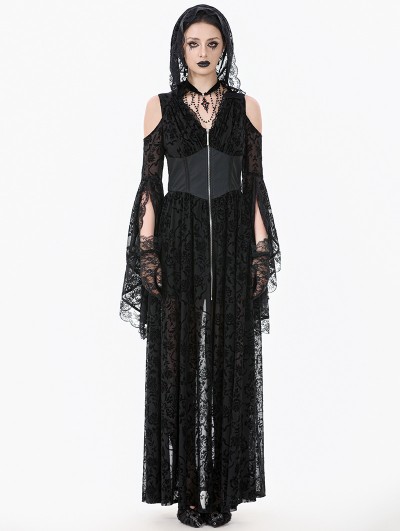 Dark in love Black Gothic Hooded Cold Shoulder Long Gown