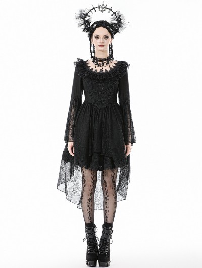 Dark in love Black Gothic Ruffle Lace Bell Sleeve High-Low Dress