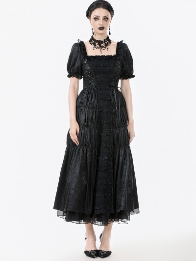 Dark in love Black Retro Gothic Frill Puff Sleeve Long Dress