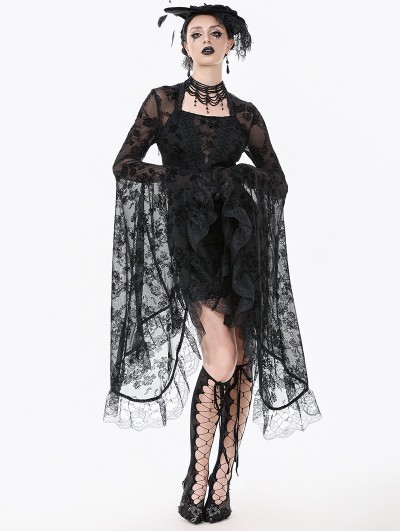 Dark in love Black Gothic Floral Lace Mesh Bell Sleeve Short Dress