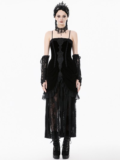 Dark in love Black Gothic Embroidered Lace Velvet Bustier Long Dress