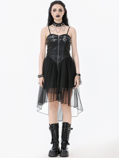 Dark in love Black Gothic Punk Mesh Spliced Faux Leather Corset Dress