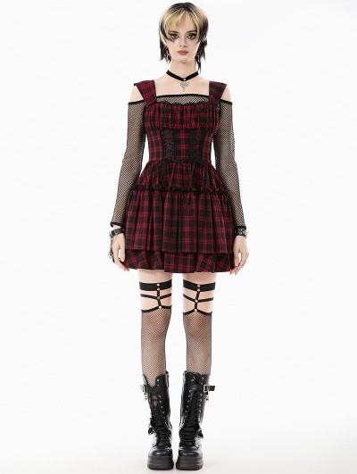 Dark in love Red and Black Plaid Gothic Ruched Layered Short Dress