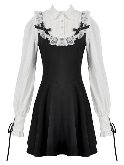 Dark in love Black and White Dolly Lolita Faux Two-Piece Ribbon Short Dress - DarkinCloset.com Dark in love Black and White Dolly Lolita Faux Two-Piece Ribbon Short Dress - DarkinCloset.com