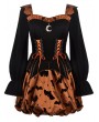 Dark in love Brown and Black Gothic Midnight Bat Pumpkin Halloween Short Dress