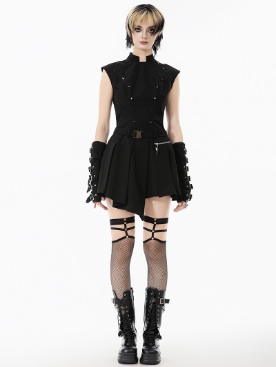 Dark in love Black Gothic Punk Studded Asymmetrical Pleated Short Dress