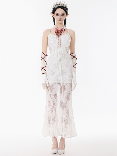 Dark in love White Romantic Gothic Floral Lace Mermaid Maxi Dress